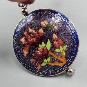Cloisonne Enamel Inlay Lotus Flower Pendant Round Circular Blue Pink